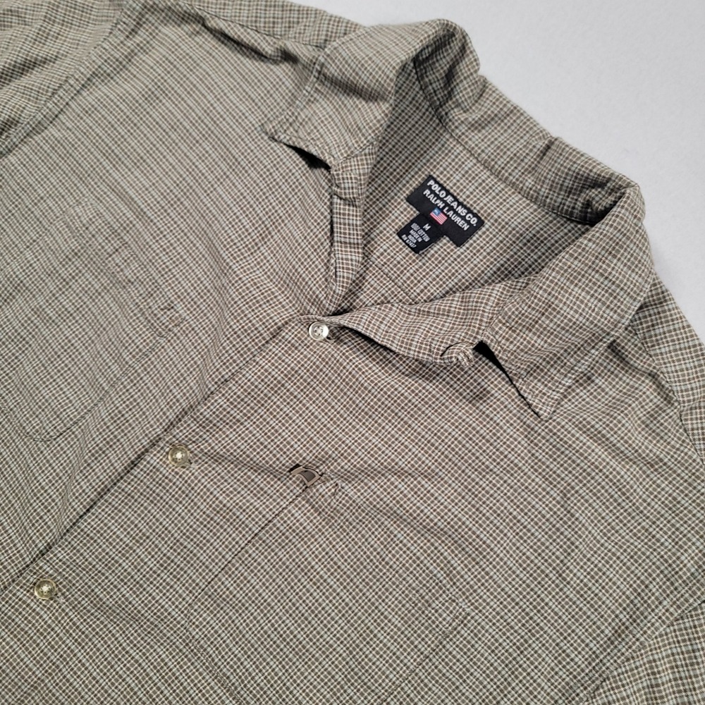 Polo Jeans Co Ralph Lauren‎ Button Up Camp Shirt Mens M Brown Check Short Sleeve